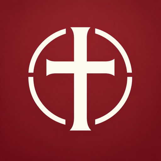 An ivory cross at the center of a burgundy square, encircled by four ivory arcs.